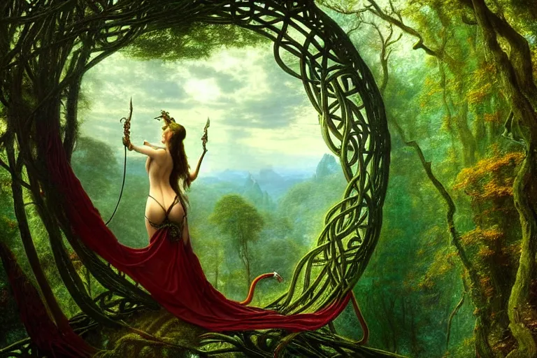 Prompt: a beautiful and highly detailed matte painting of a sexy lady wearing a snake in a mystical forest, psychedelic, celtic, intricate details, epic scale, insanely complex, 8 k, sharp focus, photorealism, artstation, cgsociety, by caspar friedrich, albert bierstadt, james gurney, brian froud,