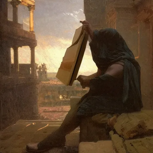 Image similar to half portait of magican wearing a closed cowl with big old book!, jeremy mann, jean leon gerome, tiepolo, alphonse mucha, greg rutkowski, face in the shadows, ( ( ruins of ancient rome ) ), at dusk, mysterious atmosphere, sunrays, dof, masterpiece, high detailed, 8 k