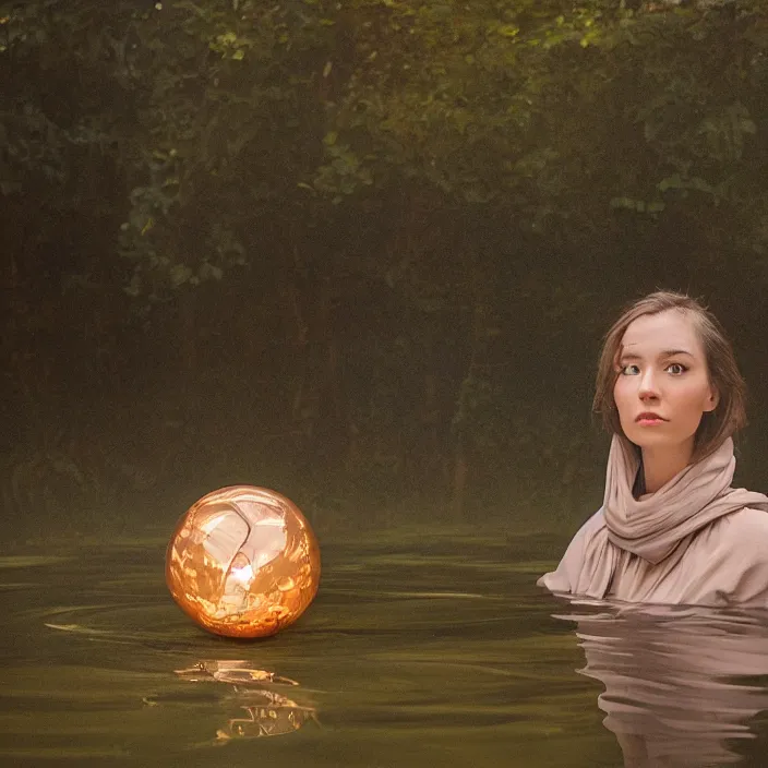 Image similar to a closeup portrait of a woman wrapped in plastic, standing next to a levitating copper orb, in a misty pond, color photograph, by vincent desiderio, canon eos c 3 0 0, ƒ 1. 8, 3 5 mm, 8 k, medium - format print