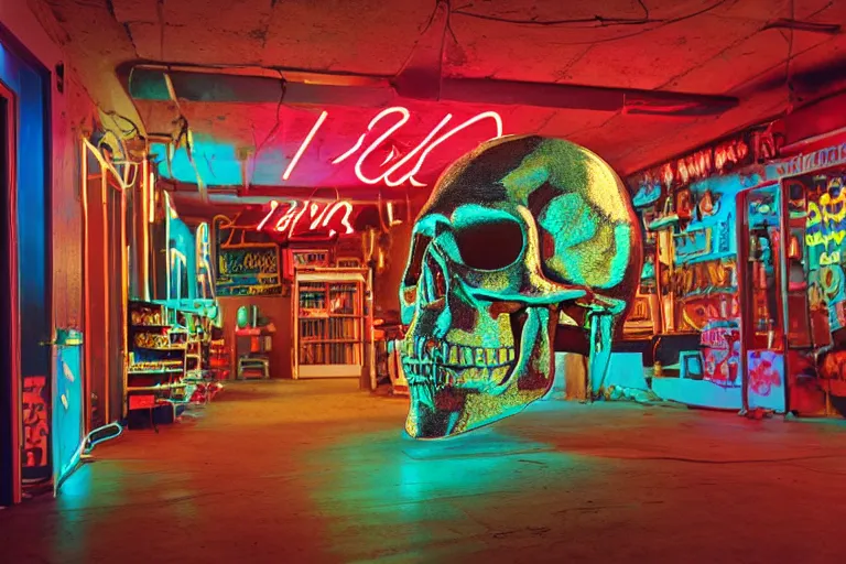 Prompt: giant metallic skull inside of a 1970s music store store, neon lights, dirty, ektachrome photograph, volumetric lighting, f8 aperture, cinematic Eastman 5384 film