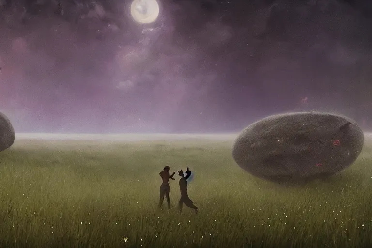 Prompt: two people dancing on a grassland, [ under the stars ]!!, while [ asteroids rain from the sky ]!!, trending on artstation, matte painting, illustrated by greg rutkowski, intricate, sharp, nighttime!!, 4 k photorealism!!, cgsociety contest winner, award winning