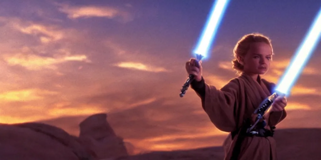 Image similar to !dream A full color still of a young blonde Jedi padawan holding a lightsaber hilt, at dusk!!!, at golden hour!!!, from The Phantom Menace, directed by Steven Spielberg, 1990