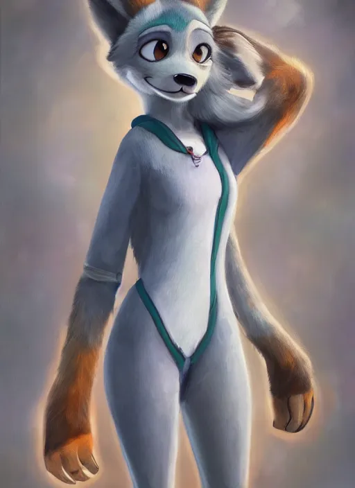 Image similar to oil painting detailed full body of anthromorphic female wolf, in style of zootopia, zootopia, zootopia, fursona, furry, furaffinity, 4 k, deviantart, furry art, fursona art, wearing astronaut outfit, in style of zootopia, wolf fursona, cyberpunk, female, expressive, detailed feminine face,