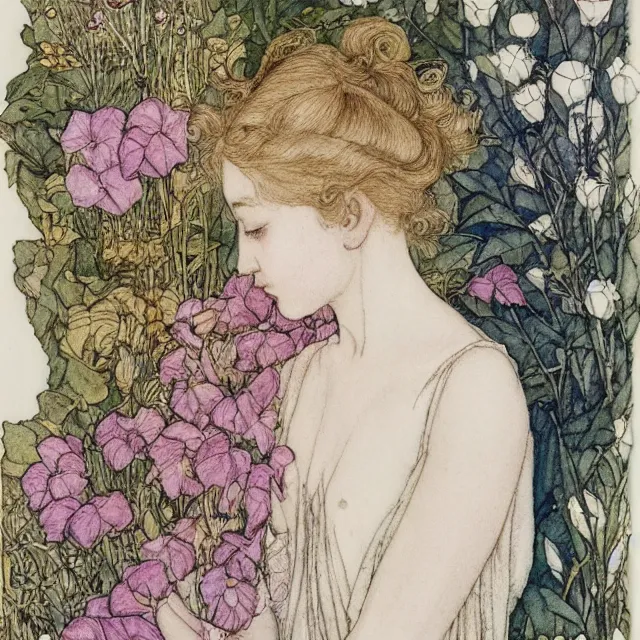 Prompt: a detailed, intricate watercolor and ink portrait illustration with fine lines of young 1 4 year old saoirse emma ronan watson looking over her shoulder, among flowers, by arthur rackham and edmund dulac and walter crane