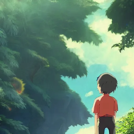 Prompt: friendly guy and small creature , with Fragile looking character portrait face made by Studio Ghibli highly detailed art, beautiful scene, sharp focus, smooth, 8k, anime art, wild, dark, fantasy, peaceful, sunshine, light