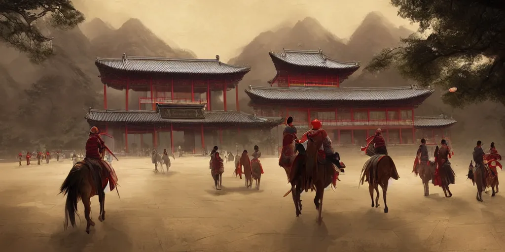 Prompt: a beautiful chinese temple, people riding horse, a fantasy digital painting by greg rutkowski