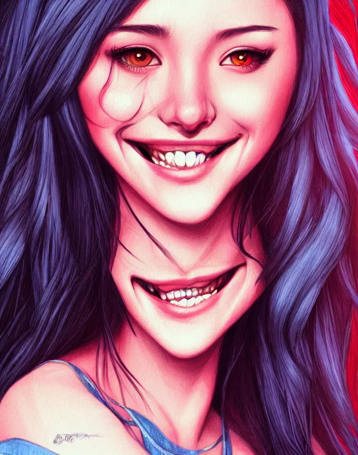 Prompt: richly detailed color  illustration of a female student smiling mockingly at you, large format image. illustrated by Artgerm. 3D shadowing.