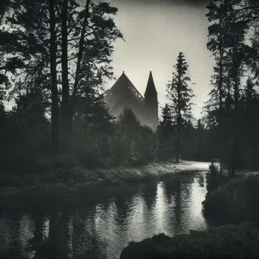Prompt: a photo of a dream world, forest, river, skull, church, dark lighting