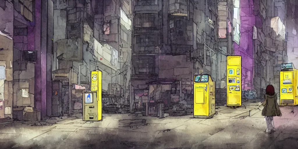 Image similar to a dusty deserted city, a girl with a parka and a yellow umbrella, broken vending machines, ultrawide, simple watercolor in the style of Ghost in the Shell