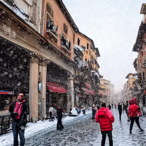 Prompt: The city of Rome under the snow on August. It's snowing everywhere on the entire cityscape of Rome under a blue sky and a very hot sun. It's crazy hot with red flames everywhere but also very big snowflakes. People wear swimsuits and are very puzzled.