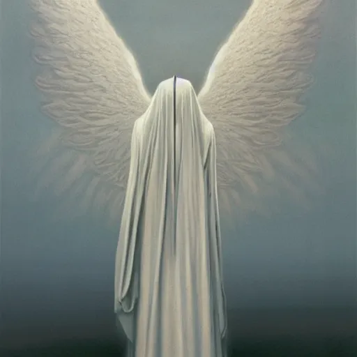 Prompt: the angel of death in white robes, digital art, by gerard brom and zdzisław beksinski