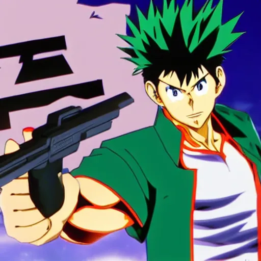 Prompt: Yusuke Urameshi fires a real gun, anime 90s style