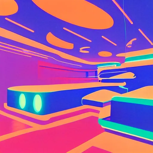 Prompt: Liminal space in outer space ((by Walt Disney slightly influenced by Carlos Cruz Diez)), Googie Kitsch aesthetic colorful isometric with neon lights !!!!!!!