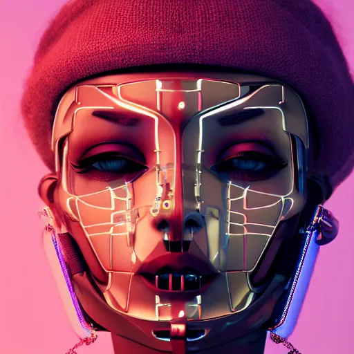 Image similar to portrait of a soundcloud robot rapper full of face tattoos and grills in its teeth, minimalistic aesthetics, geometric figures, stunning photo, cinematic lighting, perfect composition, 8K, ultra-detailed , Trending on artstation, Octane render, Unreal Engine, highly detailed