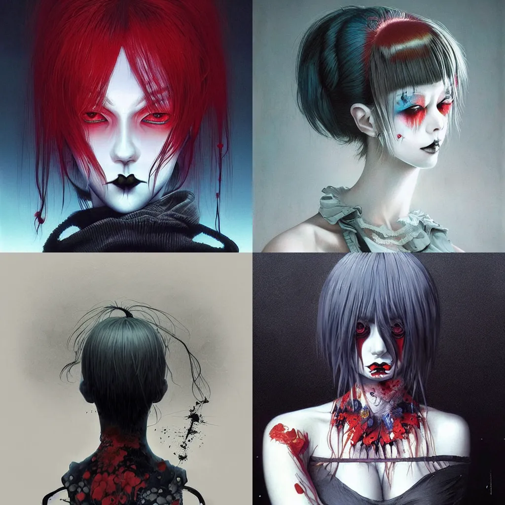 Prompt: beautiful! coherent coherent coherent coherent!!! detailed! expert! professional manga seinen cover art portrait art of a goth clowngirl, painted by ilya kuvshinov!!!!! and zdzislaw beksinski # wow