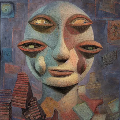 Image similar to a detailed, impasto painting by shaun tan and louise bourgeois of an abstract forgotten sculpture by ivan seal and the caretaker