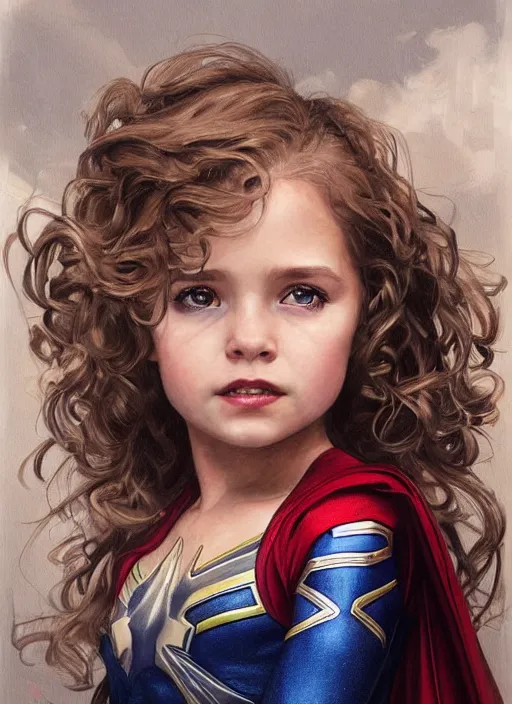 Image similar to a little girl with a mischievous face and light brown curly wavy hair. she is dressed as captain america, spiderman, batman, the flash, captain marvel, wonder woman, a superhero. clean elegant painting, beautiful detailed face. by artgerm and greg rutkowski and alphonse mucha