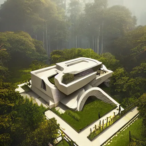 Image similar to beige rectangular house built around big central garden, on a hill surrounded by big trees, dramatic lighting, artstation, matte painting, raphael lacoste, simon stalenhag, frank lloyd wright, zaha hadid, drone view