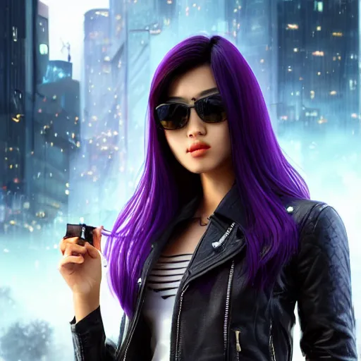 Image similar to photo of a gorgeous asian female with long dark purple hair in the style of stefan kostic, realistic, cyberpunk, leather jacket, aviators, body shot, sharp focus, 8 k high definition, insanely detailed, intricate, elegant, art by stanley lau and artgerm, floating embers