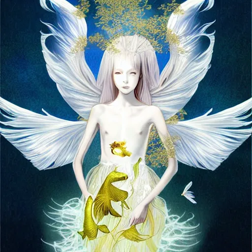 Image similar to anthropomorphic angel with betta fish dress, white and gold color palette, by Yoshitaka Amano, ethereal, dreamy, god rays