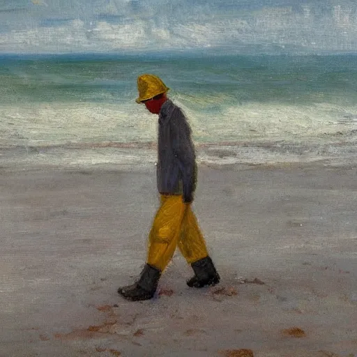 Prompt: a man in a hazmat walking on an abandoned beach, impressionist