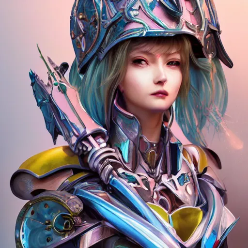 Image similar to studio portrait of lawful good colorful female holy mecha paladin absurdly beautiful, elegant, young sensual graceful woman, ultrafine hyperrealistic detailed face illustration by kim jung gi, irakli nadar, intricate linework, sharp focus, bright colors, matte, octopath traveler, final fantasy, unreal engine highly rendered, global illumination, radiant light, intricate environment