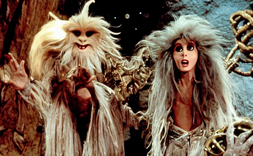 Prompt: movie still from the 1 9 8 8 sequel to labyrinth by jim henson's creature shop starring realistic practical - effects wondrous creatures and humanoid aliens in a maze - like steampunk fortress on the moon. fantasy adventure.