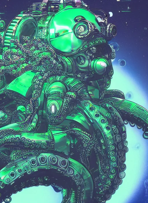 Image similar to robotic cyborg octopus in the space rocket 4 k, vaporwave style, green helmet, super detailed photorealistic, art by akihiko yoshida