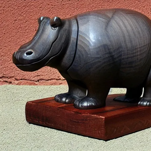 Image similar to wood block small hippo statue, wood blocks bottom hippo body, blue chrome top hippo body, by a genius craftsman, highly detailed, wood block legs made of polished wooden blocks under the blue resin chrome top