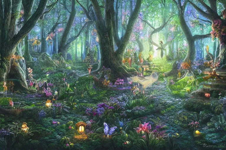 Image similar to An enchanted forest, it is nighttime, there are flying fairies, fantasy-style, photorealism, highly detailed.