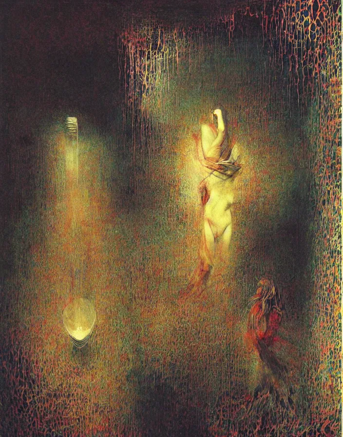 Prompt: interior of a small room, large floating glowing crystal tesseract!!!!!!!!!!!!!!!!!!, beksinski painting, part by adrian ghenie and gerhard richter. art by takato yamamoto. masterpiece, deep colours