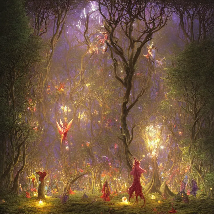 Image similar to a night carnival fairies around a magical tree, christmas lights, creatures and fantastic people disguised as fantastic creatures in a magical forest by summer night, masterpieceunderwater scene, painted by zdzislaw beksinski and artgerm and greg rutkowski and alphonse mucha and rene laloux, volumetric lightning