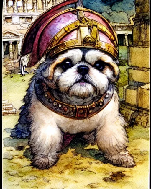 Image similar to a realistic and atmospheric watercolour fantasy character concept art portrait of a fat adorable chibi shih tzu puppy roman centurion in a roman temple, by rebecca guay, michael kaluta, charles vess and jean moebius giraud