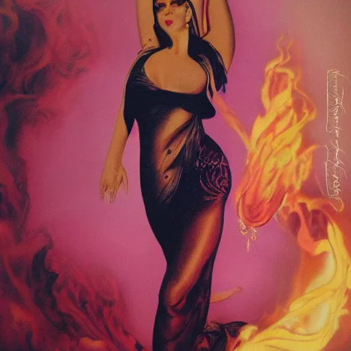 Image similar to seductive goddess of sensuality majestically ascending in gold and white filagree into fiery pink clouds of yoni
