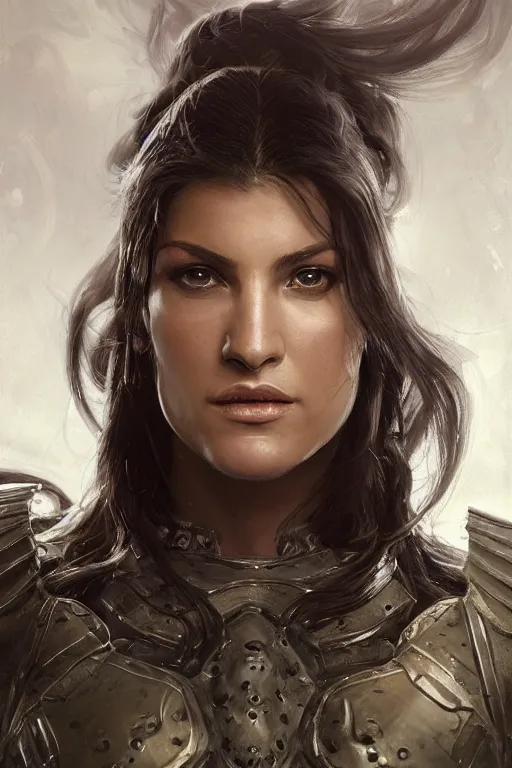 Image similar to a finely detailed portrait of Gina Carano, clothed in battle armor, olive skin, long dark hair, intricate, elegant, digital painting, trending on Artstation, concept art, smooth, sharp focus, illustration, from World of Warcraft, by Ruan Jia and Mandy Jurgens and Artgerm and william-adolphe bouguerea, award winning