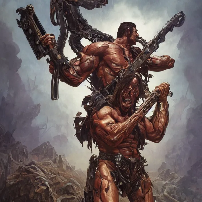 Prompt: The evil dead, manowar album cover, Muscular man, chainsaw attached to hand, short double barrel shotgun. dead demons, blood, artstation, concept art, smooth, sharp focus, highly detailed, illustration, art by artgerm and greg rutkowski and alphonse mucha