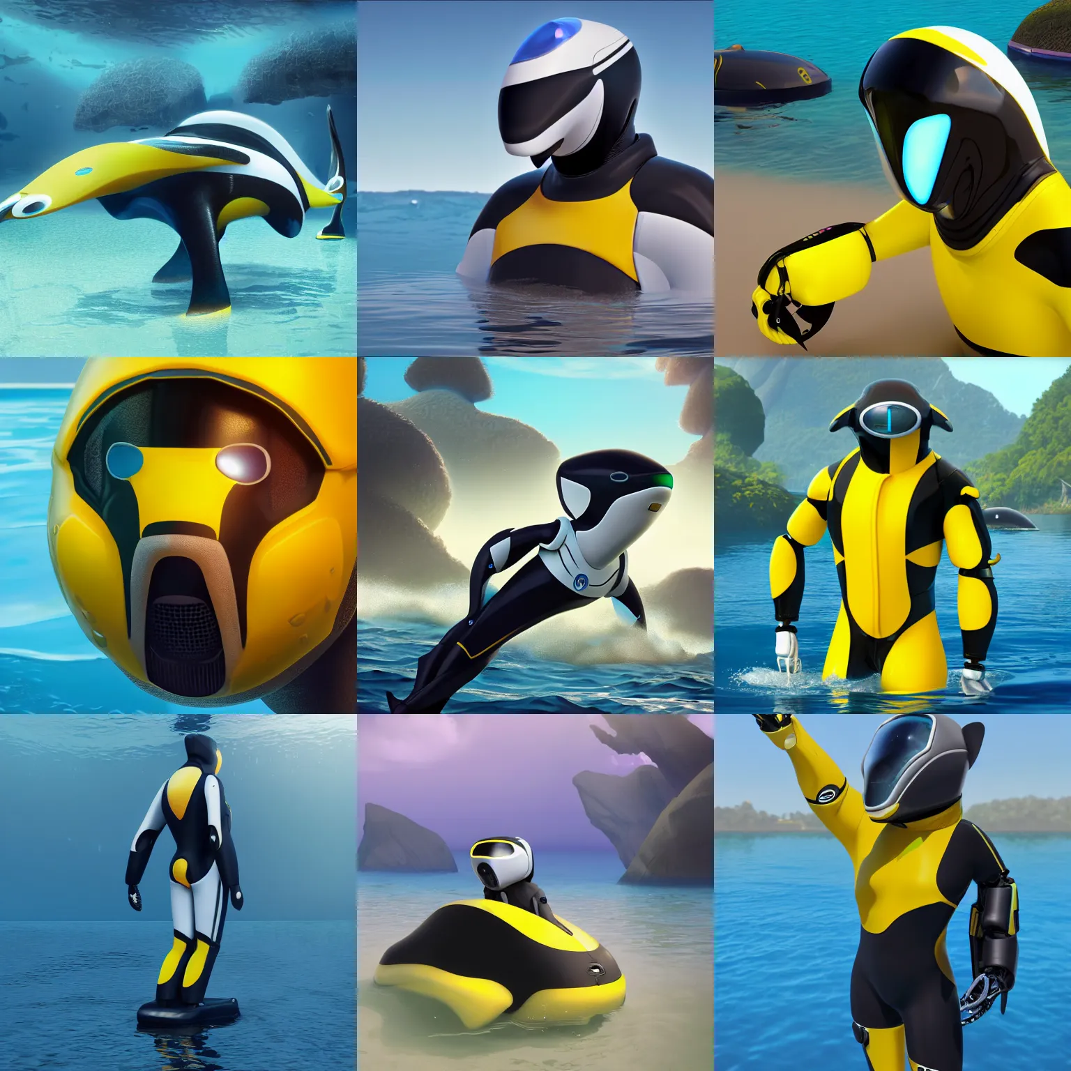 Prompt: male robotic anthro orca, visor screen for face, snout under visor, wearing a yellow wetsuit, commission on furaffinity, cgsociety, octane render, subnautica