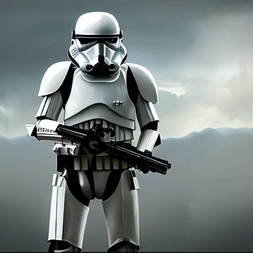 Image similar to an extremely long shot of an imperial stormtrooper in battle position ready to shoot his blaster concept art by Doug Chiang cinematic, realistic painting, high definition, very detailed, extremely high detail, photo realistic, concept art, the Mandalorian concept art style