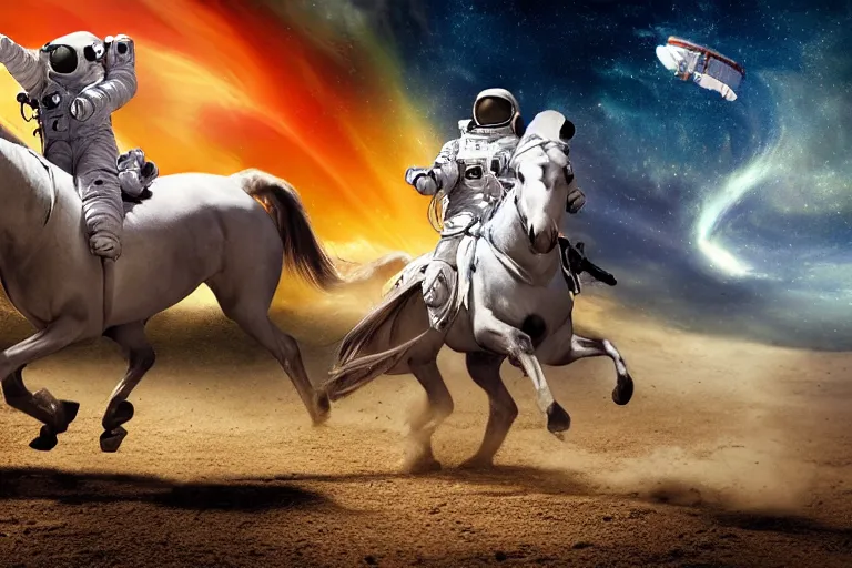 Prompt: an astronaut riding the fastest horse in a race, cinematic imax shot, retro, hyper detailed, windy mane, motion still