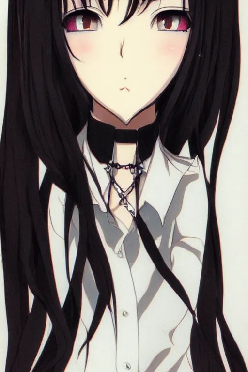 Prompt: portrait of a beautiful girl with black hair; wearing black choker and white shirt; drawn by WLOP, by Avetetsuya Studios, attractive character, colored sketch anime manga panel