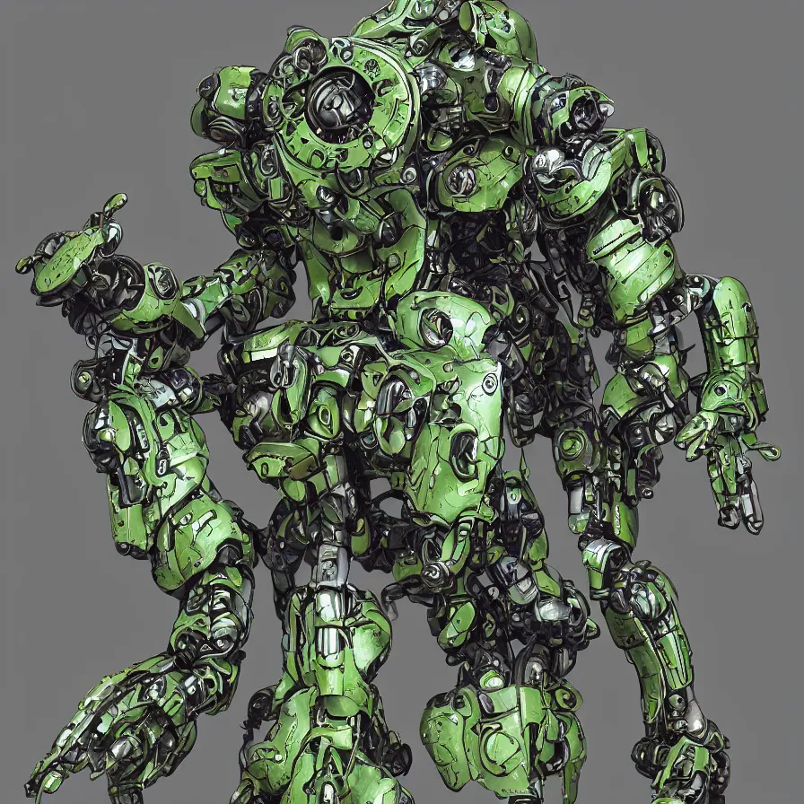 Image similar to waterlily themed amphibious power armor. mobile suit textured like water lettuce, top half is mecha nymphaea flower petals being robotic limbs, waterlily pads, sculpted metal, biomechanical, hyperdetailed, bandai box art, 8 k hd resolution, behance hd artstation. # power armor pistia playing waterlily pad tentacles, 8 k hd resolution