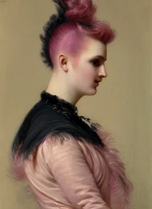 Image similar to a detailed portrait of woman with a mohawk by edouard bisson, year 1 8 5 0, pink hair, punk rock, looking at the camera, oil painting, muted colours, soft lighting