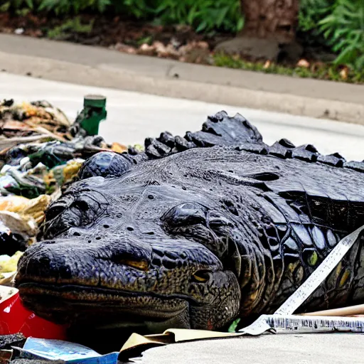 Image similar to one large alligator on a leash sleeping next to a very large mound of trash, papers, junk, and metal parts