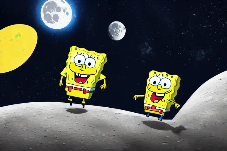 Image similar to Spongebob in spacesuit cosmonaught photorealistic moon surface, high detail, movie poster, lunar, silhouetted