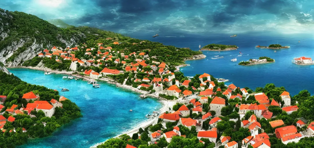 Prompt: landscape photo of croatian coast, village, futuristic, far future, photorealistic