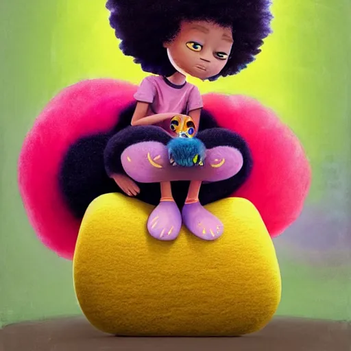 Prompt: a black princess girl with a colorful afro and big beautiful eyes playing with her furry pet, bright colours, watercolor, volumetric wool felting, macro photography, children illustration, by goro fujita