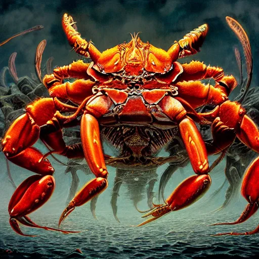 Prompt: photorealistic crab demon in the style of michael whelan and gustave dore. hyperdetailed photorealism, 1 0 8 megapixels, amazing depth, glowing rich colors, powerful imagery, psychedelic overtones, 3 d finalrender, 3 d shading, cinematic lighting, artstation concept art