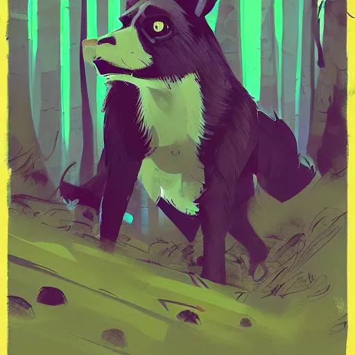 Image similar to grungy wild dog standing in a cedar forest, by anton fadeev and simon stalenhag, trending on art station