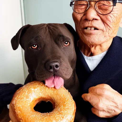 Prompt: an old asian grandpa wearing glasses eating lots of large doughnuts with his brown staffordshire bull terrier