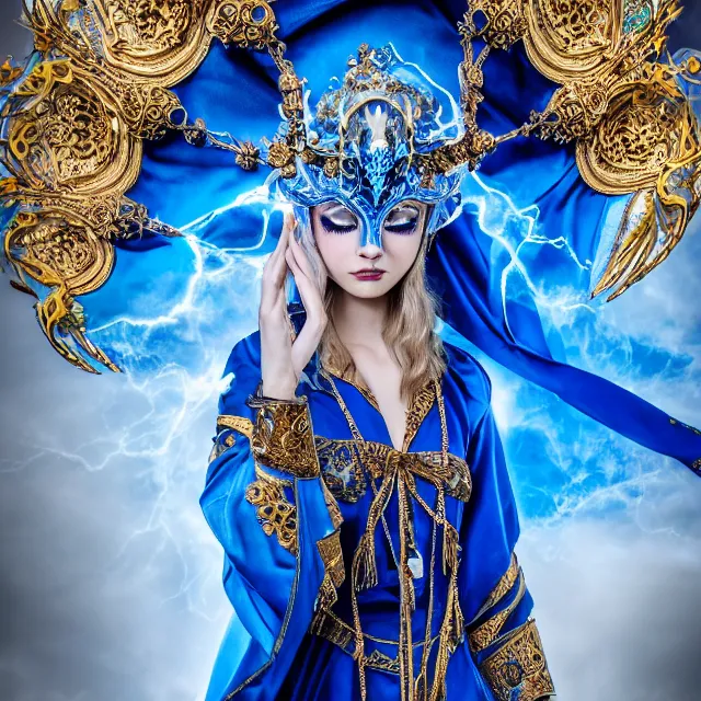 Image similar to beautiful!! elemental sky witch with intricate ornate blue and white robes and venetian mask and sky powers highly detailed 8 k hdr smooth sharp focus high resolution award - winning photo